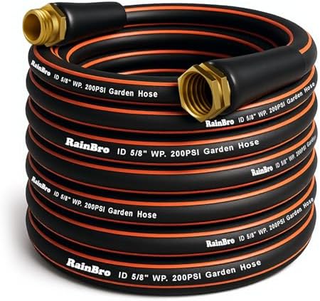 50FT x 5/8'' Flexible Garden Hose, No-Kink Rubber Water Hose, W.P. 200 PSI by RainBro