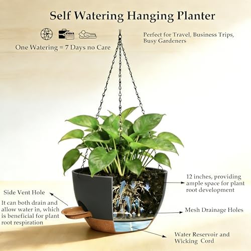 12 Inch Self Watering Hanging Planters, Black Brown, 2 Pack - Image 5