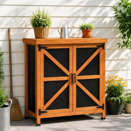 Outdoor Storage Cabinet, 31.5"×17.7"×33.3" in Wood Garden Tool Shed with Rustproof Metal Top, Potting Bench for Patio, Backyard, Pool & Garage, Organizer with Shelves by Unknown
