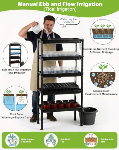 5‑Tier Ebb & Flow Bottom‑Watering Plant Stand with Timer Auto Water Pump, Siphon Self Irrigation Growing Rack, Heavy Duty UV Resistant Vertical Shelf for Seed Starter Trays & Nursery Pots - Image 5
