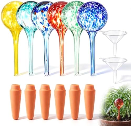 Mifoci 6 Set Plant Watering Devices, 6 Glass Water Bulbs with 6 Terracotta Water Spikes for Plants and 2 Funnels, Plant Watering Globes Set for Indoor and Outdoor Garden by Mifoci