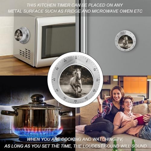 Mechanical Kitchen Timers for Cooking,Horse Running by The Water Printed 60 Minute Magnetic Countdown Timer,Cute Cooking Timers with Alarm,Stainless Steel Time Timer Manual No Batteries Required - Image 4