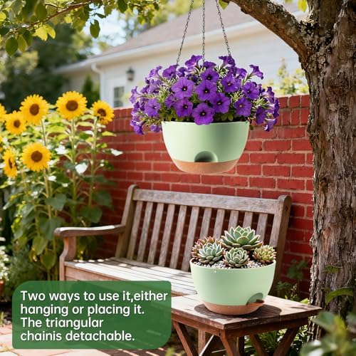 3-Piece Set of 10-Inch Hanging Planters with Automatic Watering System and Drip Tray, Includes Metal Chain, Suitable for Various Indoor and Outdoor Plants and Flowers, Green Brown - Image 2