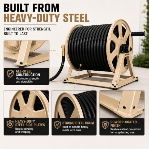 Dual Floor and Wall Mounted Garden Hose Reel, Holds 200ft of Water Hose, Heavy Duty Metal Hose Reel, Space Saving Hose Reel Organizer for Yard, Garage & Shed - Image 3