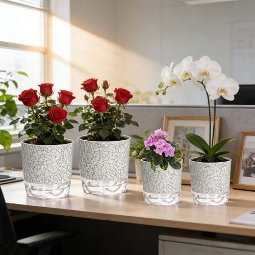 6 Pack Self Watering Pots for Indoor Plants, 4+5.5+6.3 Inch Self Watering Plant Pots Set, Flower Pots with Wick Rope and Reservoir for African Violet, Spider Plant, Orchid - Crack Texture - Image 6
