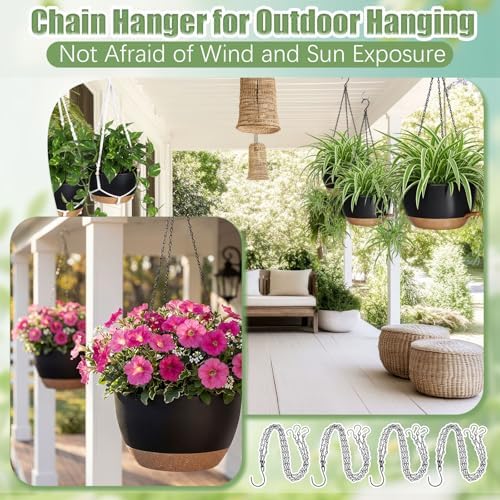 Sliner Set of 4-10 Inch Self Watering Hanging Planters Includes Hanging Pots and Outdoor Hanger Plant Pots with Drainage Holes 2 Types of Hanger Basket Hooks for Patio Garden(Black Brown) - Image 4