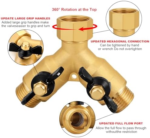SIGURANTA Heavy-Duty Brass 2-Way High-Flow Garden Hose Splitter, Outdoor Faucet Y-Valve Diverter Connector with Butterfly Handle, Full-Flow Water Hose Adapter (Valve butterfly handle - 2-piece) - Image 3