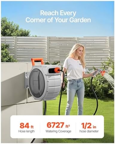Retractable Garden Hose Reel 84ft 1/2 Inch Wall Mounted, Heavy Duty Garden Hose with 9-Pattern Nozzle, Slow Rewind System, 180° Swivel - Image 4