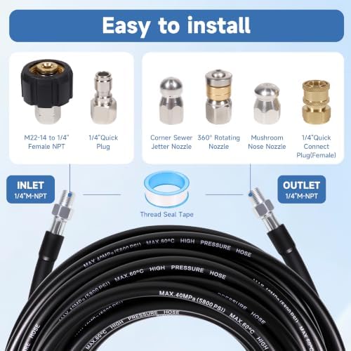 70FT Sewer Jetter Kit for Pressure Washer, 5800PSI, 1/4 Inch NPT Drain Cleaner Hose Sewer Jetting with Rotating Corner Button Nose Nozzle for Pipe Cleaning - Image 6