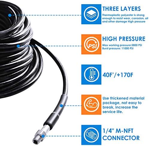Sewer Jetter Kit for Pressure Washer 150FT, 5800PSI Drain Cleaner Hose 1/4 Inch NPT Corner, Rotating and Button Nose Sewer Jetting Nozzle Pearl Corsage Pin Waterproof Tape with 2 Spanner - Image 3