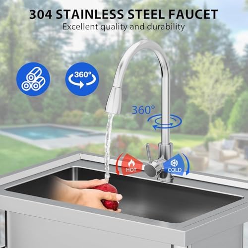 28"x20"x34" Stainless Steel Utility Sink, Freestanding Single Bowl with Hot & Cold Water Faucet, Commercial Kitchen Laundry Bathroom Garage Garden Sink - Image 4