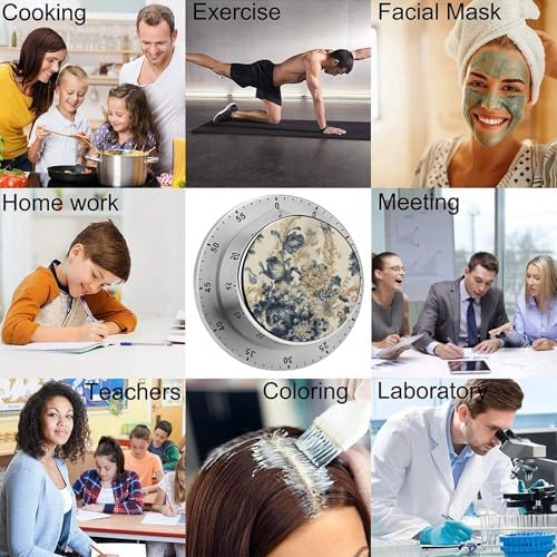 Mechanical Kitchen Timers for Cooking,Light Beige Flowers Printed 60 Minute Magnetic Countdown Timer,Cute Cooking Timers with Alarm,Stainless Steel Time Timer Manual No Batteries Required - Image 5