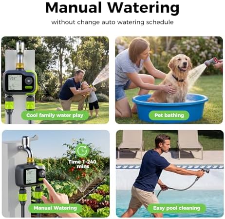 Sprinkler Timer, Brass Inlet Programmable Watering Timer for Garden Hose Fits 3/4” US Faucet, Outdoor Auto& Manual Hose Timer w/Rain Delay& Lock, Dirp Irrigation for Lawn, Yard, 2 Outlets - Image 5