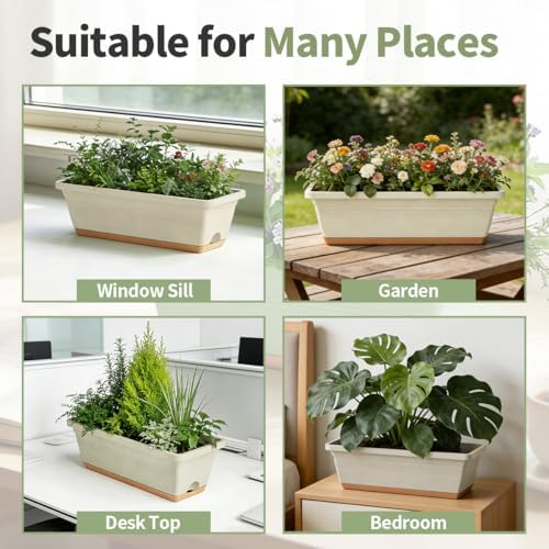 Window Box Planter, 6 Pack Plastic Vegetable Flower Window Planters Boxes 16 Inches Rectangular Flower Pots with Drainage Holes and Saucers (White) - Image 7