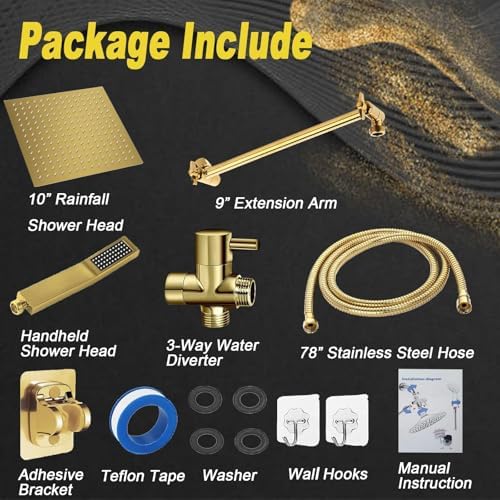 10'' Square Rain Shower Heads with Handheld, High Pressure Shower Head Combo with 11'' Adjustable Extension Arm, All Metal Shower Wand with 78'' Anti-Leak Shower Hose, 3 Way Diverter Valve, Gold - Image 2