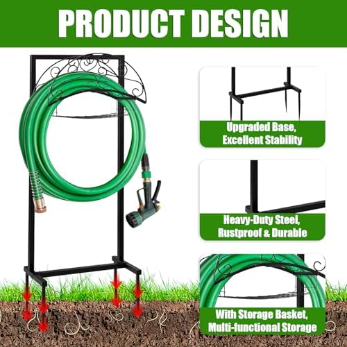 Freestanding Garden Hose Holder with Storage Basket, Black - Image 2