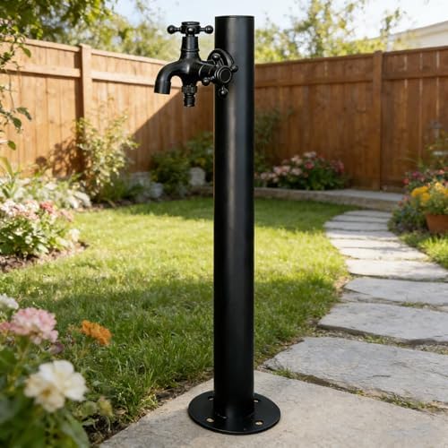 Outdoor Garden Irrigation Spigot Freestanding Garden Tap with Spray Gun, Black Stainless Steel Water Column, Weatherproof Hose Bib Patio, Lawn, Car Washing, Pet Bathing(Style 2,Height: 95cm/37.4in) by Junvstor