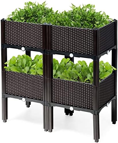 GRAFFY Set of 4 Raised Garden Bed Kits, Elevated Garden Beds with Self-Watering Design, Raised Garden Boxes for Flowers Vegetables and Herbs, Planting Box Container for Patio Yard Balcony (Brown) by BUYNOW