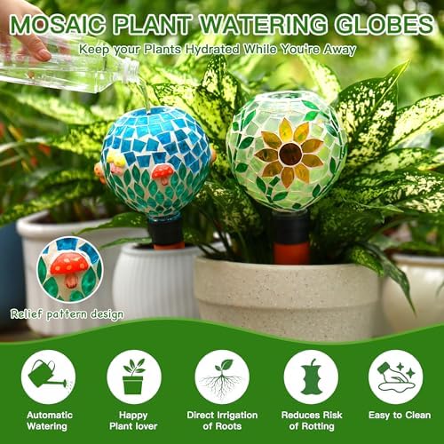 SAVENNA Mosaic Plant Watering Globes with Terracotta Spikes, 17oz Glass Self Watering Globes for Indoor & Outdoor Potted Plants, Decorative Water Drippers, Set of 2,Sunflower & Mushroom Pattern - Image 2