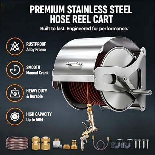 Stainless Steel Garden Hose Reel, Heavy Duty Metal Water Pipe Cart with High Pressure Spray Nozzle, 2-in-1 Wall Mount Manual Crank Storage, Fits 1/2 Inch Hose(50M/165FT) - Image 2