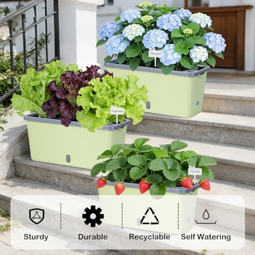 Oliz Window Box Planter 4 Packs, 14 Inches Rectangle Flower Pots with Breathable Drainage Holes, Pots for Vegetables, Herbs, Flowers, Garden Windowsill Balcony (Green & Grey) - Image 2