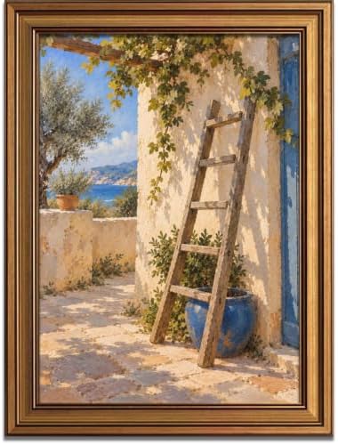 Wooden Ladder and Blue Ceramic Jar Gold Framed Poster for Entryway Art by Unknown