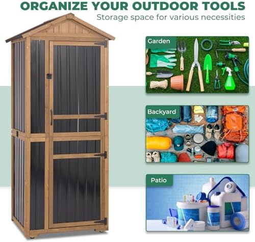 Large Outdoor Storage Cabinet with 4 Shelves, Wood Outdoor Storage Shed with Weatherproof Roof, Lockable Doors, Tall Outdoor Patio Cabinets for Garden Tool and Accessories, Brown - Image 6