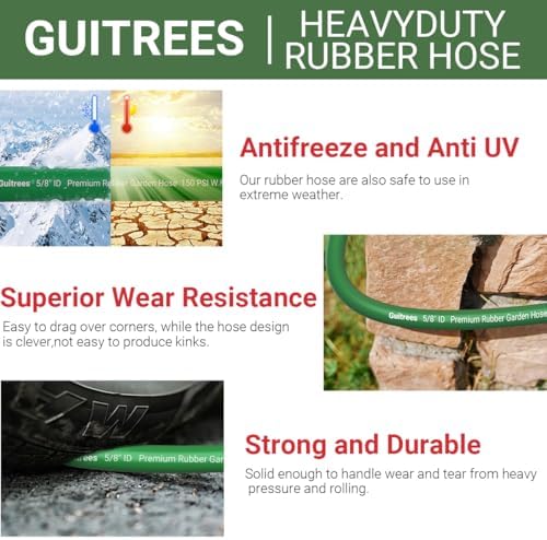 Guitrees 25FT 5/8 Heavy Duty Rubber Garden Hose - 300psi Working, 1000psi Burst - Hot/Cold Water - Five-Layered Braiding for Durability - Versatile for Gardening, Agriculture, Construction(Green) - Image 5