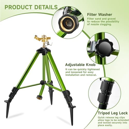 Impact Sprinklers on Tripod Base with Ground Plugs,Heavy Duty Brass Head Sprinkler with 360 Degree Spray,0-44ft Large Area Irrigation,Tripod Sprinkler with Extension Legs for Yard Garden Lawn,1 Pack - Image 5