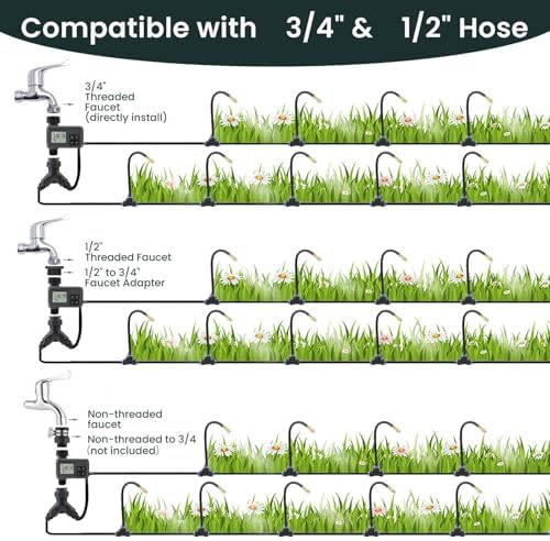 100FT Smart Drip Irrigation System with Water Timer – Automatic Garden Watering System with 360° Bendable Hose & 24 Adjustable Nozzles for Garden, Yard, Lawn,Compatible with 3/4" & 1/2" Hose - Image 2