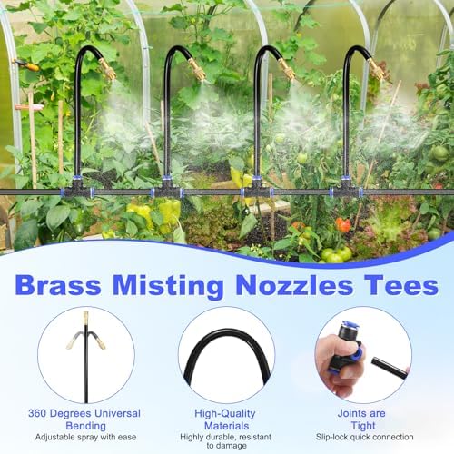 M METERXITY 1-Set Brass Misting Nozzles Tees, 12inch/30cm Tube Len 3-in-1(Dripping, Spraying, Shutoff) Adjustable Copper Water Mister Sprayer for 0.31"/8mm Tubing Irrigation [Gold Tone/Black] - Image 2
