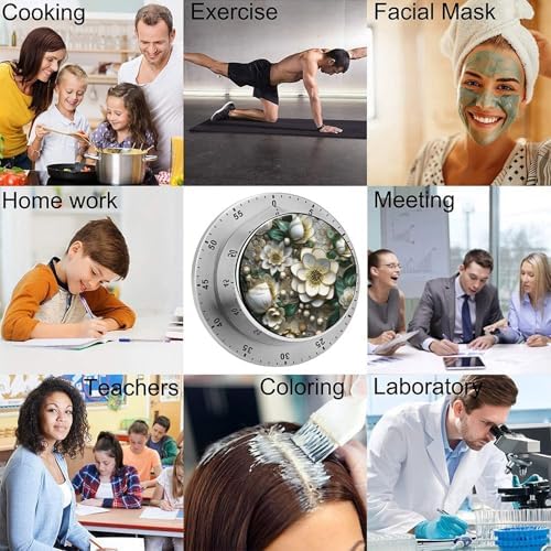 Mechanical Kitchen Timers for Cooking,Elegant Style Flowers Printed 60 Minute Magnetic Countdown Timer,Cute Cooking Timers with Alarm,Stainless Steel Time Timer Manual No Batteries Required - Image 5