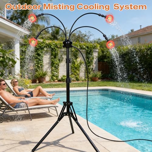 Standing Misters for Outside Patio Cooling, 5.3 FT Adjustable Stand Misting System, 4 Brass Nozzles + 4 Extra Heads, Thickened Base Portable Water Mister for Garden, Deck, Poolside - Image 4