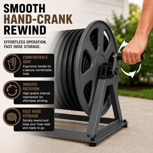 Dual Floor and Wall Mounted Garden Hose Reel, Holds 200ft of Water Hose, Heavy Duty Metal Hose Reel, Space Saving Hose Reel Organizer for Yard, Garage & Shed (Graphite) - Image 6