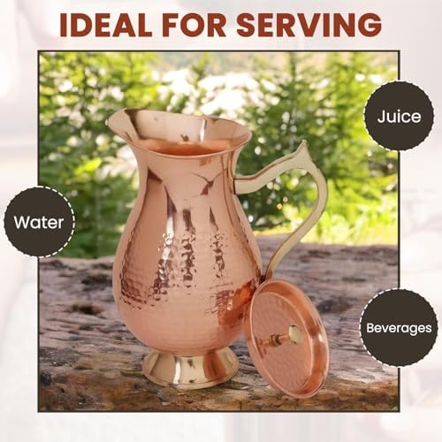 100% Pure Copper Pitcher 1500ml (50.72 oz) – Hammered Copper Water Jug with Lid & Handle, Ayurvedic Copper Water Carafe, Traditional Mughlai Copper Vessel for Drinking Water, Unlined & Lacquer-Free - Image 5