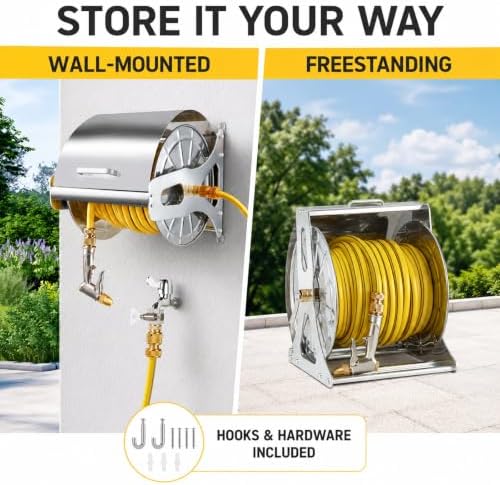 Garden Water Hose Reel with Hand Crank, 304 Stainless Steel Frame and Cover, Wall or Floor Installation, 50 m Capacity, Replaceable 1/2 Inch Hose for Garden and Patio 10m - Image 6