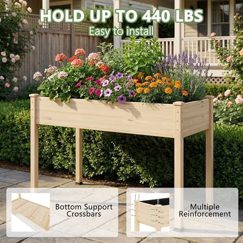 Raised Garden Bed with Legs, 48x24x30in Tall Wooden Elevated Planter Box with Liner for Flowers Vegetables Herbs, Outdoor Reinforced Large Raised Bed for Balcony/Patio/Backyard - Image 5