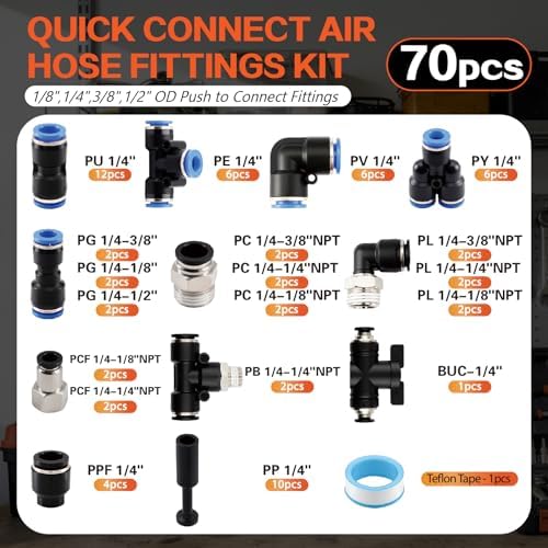 70PCS 1/4" OD Quick Connect Air Hose Fittings Kit, Push to Connect 1/4 1/8 3/8 1/2 NPT Threads&Reducer Pneumatic Line Assortment for Air Compressor, Air System, Auto and Trailer Repair - Image 2