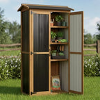 Ketive Outdoor Storage Cabinet, Wood & Metal Garden Cabinet with 3 Adjustable Shelf, Weather-Resistant Roof, Lockable Doors & Adjustable Feet for Patio, Garden, Farm (33" L x 21" W x 69" H) - Image 2