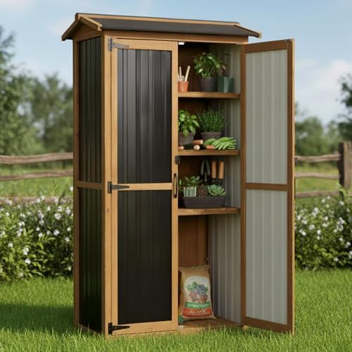 Ketive Outdoor Storage Cabinet, Wood & Metal Garden Cabinet with 3 Adjustable Shelf, Weather-Resistant Roof, Lockable Doors & Adjustable Feet for Patio, Garden, Farm (33" L x 21" W x 69" H) - Image 2