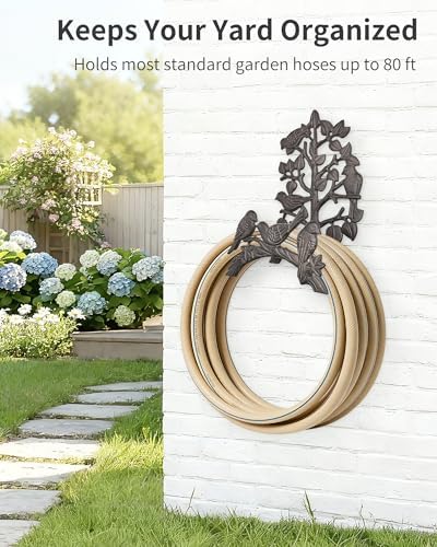Cast Iron Garden Hose Holder Heavy Duty - Rustic Wall Mount Water Hose Hanger Reel Organizer, Decorative Birds & Branch Design, Vintage Outdoor Garden Yard Patio Storage Rack, Black-Brown - Image 5