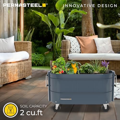 Permasteel Self-Watering Garden Bed, Rolling Planter for Vegetables, Flowers, Herbs, and Fruit, Outdoor Indoor, Caster Wheels, Blue - Image 2