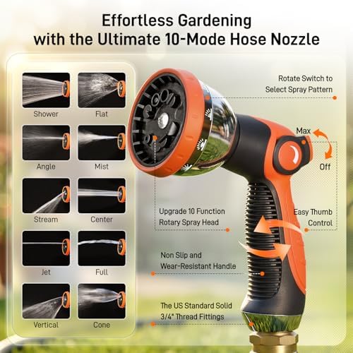 Garden Hose, 50ft 5/8" Heavy Duty Rubber Water Hose w/ 10-Mode Spray Nozzle, 550 PSI Burst, 360° Anti-Kink Swivel Connectors, All-Weather Flexible, Leakproof 3/4" Brass Male to Female Fittings - Image 2