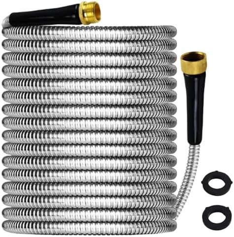 Garden Hose, Stainless Steel Metal Water Hose with 3/4" Solid Brass Connector for Yard Lawn Outdoor Rv No Kink Puncture Proof (Sliver, 50 Ft) by Unknown