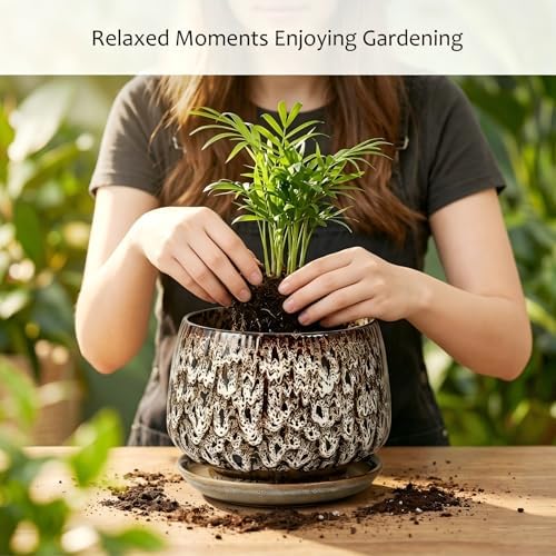 7.5 Inch Ceramic Planter with Saucer,Modern Garden Pots with Drainage Hole Mesh Net, for Indoor Outdoor Use(Speckle White) - Image 5
