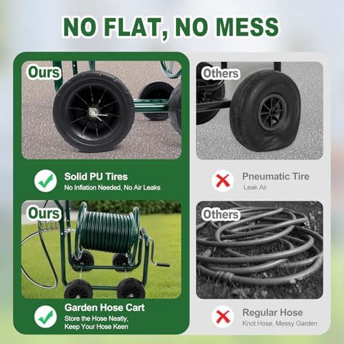 VINGLI 300FT 4-Wheel Garden Hose Reel Cart with Storage Basket, Portable Residential Hose Reel Cart, Lawn Watering, for Garden Backyard and Farm (Green) - Image 3