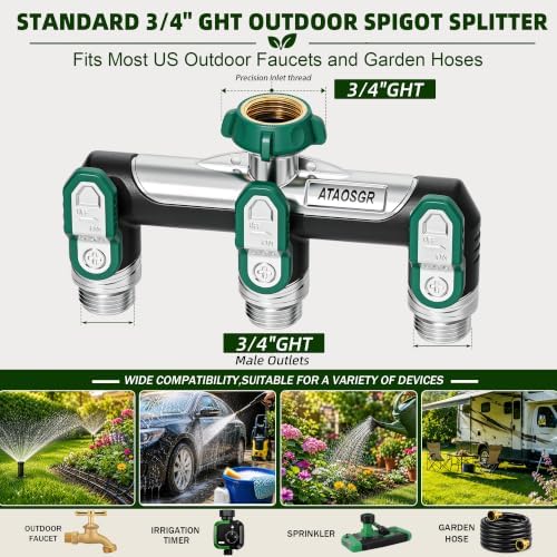 Garden Hose Splitter 3 Way, Heavy Duty Metal, 3/4" GHT, Green - Image 7
