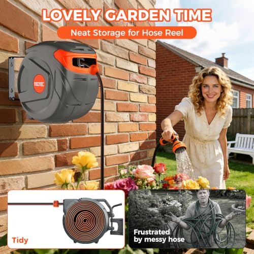 Retractable Garden Hose Reel 1/2" x 50 ft 9 Pattern Nozzle Any Length Lock Wall-Mounted Automatic Slow Return 180° Swivel UV Resistant Heavy Duty Hose Reels for Outside - Image 2