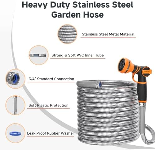 Girafe Tools Garden Hose 50ft x 3/4", 304 Stainless Steel, Flexible Design with 9 Pattern Spray Nozzle and Garden Hose 50ft x 5/8", Custom Length Hose with Male to Female Fittings - Image 3