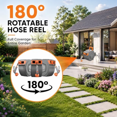 Retractable Garden Hose Reel,Heavy Duty Water Hose Reel,Wall Mounted with 9-Pattern Spray Nozzle,Any Length Lock,Slow Retract System,180° Swivel for Yard,Lawn,Patio & Car Wash (Grey, 1/2" x 78 FT) - Image 4